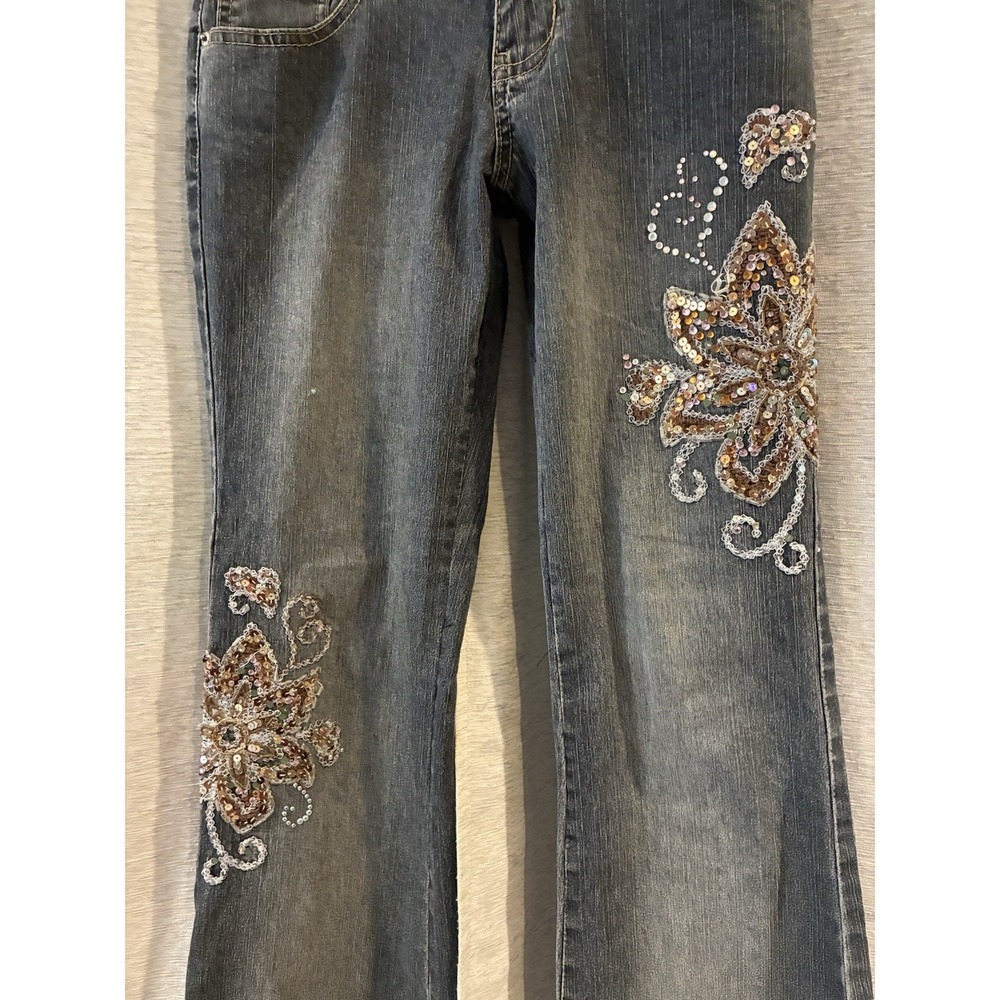 Vtg Angels Y2K Jeans Flare Gold Floral Embroidered Beaded Sequin Low Rise 7 Boho - Picture 3 of 6